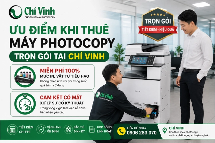 Khách hàng được miễn phí 100% mực in, vật tư tiêu hao và cam kết có mặt xử lý sự cố kỹ thuật trong vòng 2 giờ làm việc.