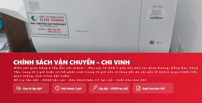 chính sách vận chuyển và lắp đặt máy miễn phí tận nơi chỉ trong 2 giờ